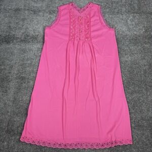 Vintage JC Penney Nightgown Womens Medium Pink Nylon Sleeveless Lace Embroidered